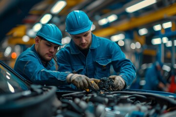 Focused mechanics in blue uniforms repairing vehicle engine, teamwork in auto shop