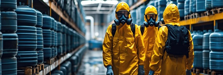 Technicians in gas masks assess toxic spills