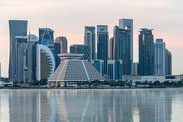 Doha, Qatar - February 04, 2024: new Doha skyline at sunset sunrise