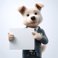 Cute dog holding a blank white sign with isolated background template anthropomorphic pet image