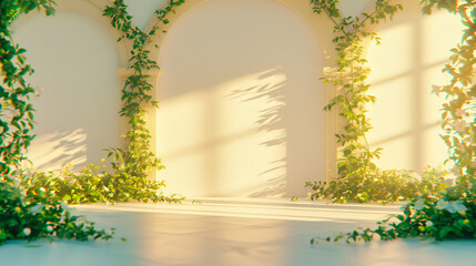 Beautiful garden arch decorated with lush green plants and flowers, creating a romantic and elegant entrance for a special outdoor event or ceremony