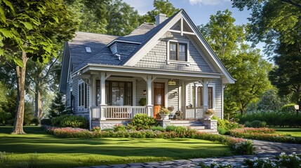 A light grey craftsman cottage, exhibiting a front view with a cozy porch, set against a backdrop of a flourishing green garden, in pristine high-definition. - obrazy, fototapety, plakaty