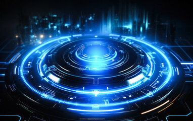 Futuristic blue digital HUD interface with glowing cyber circuit elements, depicting advanced technology, cybersecurity, and modern computing concepts