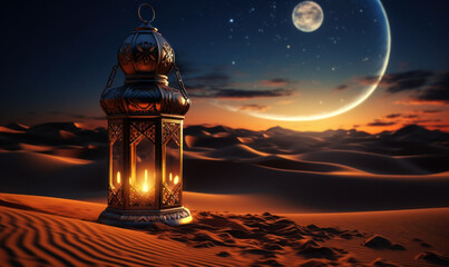 Traditional Arabian lantern standing on the sands of a serene desert under the crescent moon, evoking Ramadan's spirituality and the tranquil beauty of an endless dune landscape - obrazy, fototapety, plakaty