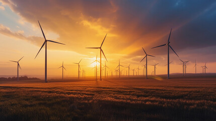 Majestic windmills bathed in the fiery glow of sunset, harnessing clean energy for a sustainable future