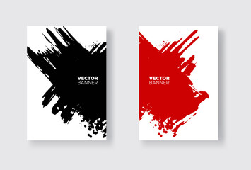 Black and red abstract design set. Ink paint on brochure, Monochrome element isolated on white.