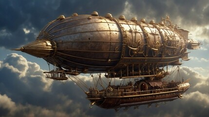 A steampunk airship soaring through a sky filled with clockwork clouds and lightning bolts