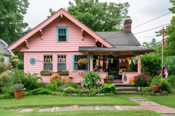 Fototapeta na wymiar A pale pink craftsman cottage with a backyard and an array of colorful garden flags