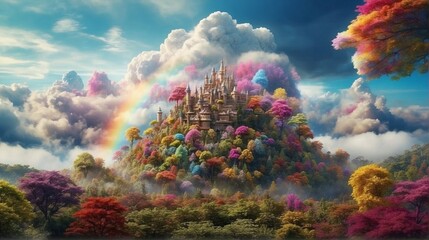 A whimsical forest inhabited by creatures made of clouds, who float effortlessly amongst the trees and build castles from rainbows
