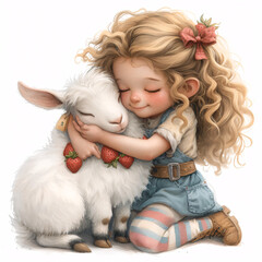 Cute girl with curly hair with a shiny bow, in a menthol T-shirt with strawberries, skirt with pockets, striped tights and shoes with clasps, hugging a Cute Goat