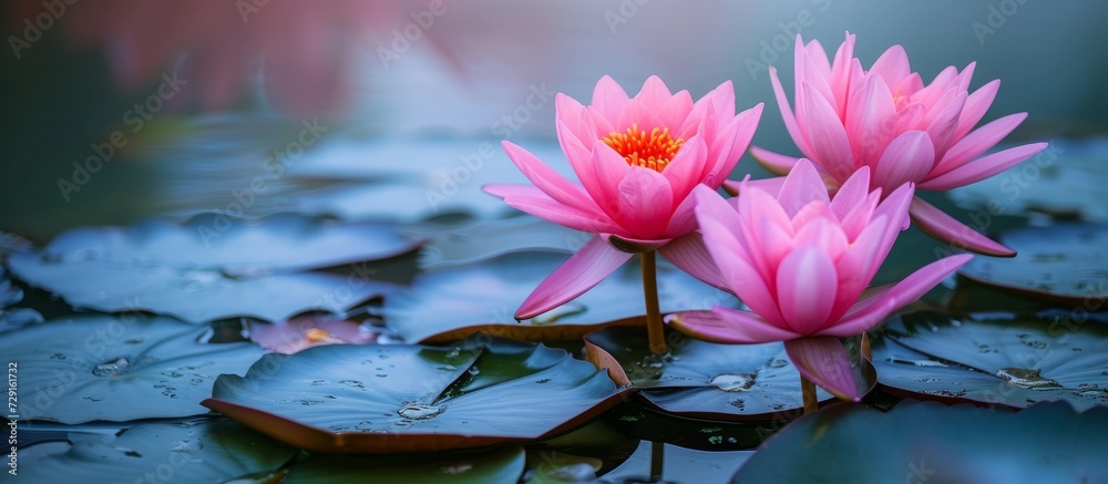 Sticker Blooms of lotus or water lily in the pond.