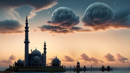 Fototapeta na wymiar Silhouette of the mosque with twilight background and clouds, 3D Style Animation.