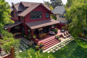 A maroon red craftsman cottage aerial view with a backyard and a series of rustic, hanging planters