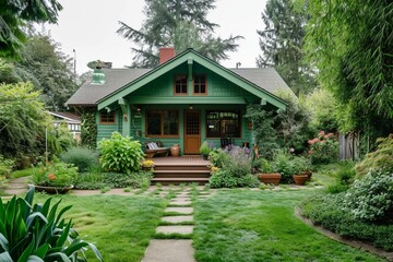 Fototapeta na wymiar A mint-green craftsman cottage surrounded by a lush backyard with a small herb garden