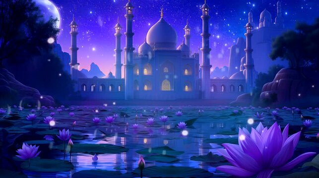 A mosque standing majestically amid a surreal landscape of lotus ponds. Fantasy landscape anime or cartoon style, Seamless looping 4k time-lapse virtual video animation background