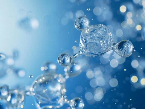 Abstract image of a molecular structure with spherical elements and compounds, water and glass textures, done in cool blue tones.
