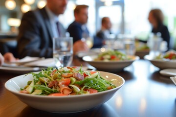 Diverse colleagues dinner meeting lunch in office restaurant businessmen group cafeteria cafe discussion business fine dining corporate teamwork expensive tasty dish food coworkers cheering talking