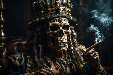 A skeleton dressed as a pirate smokes a cigar. Dark fantasy art