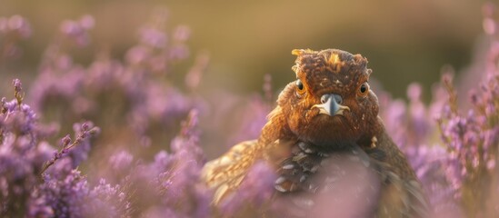 Close-up of a red grouse in the Yorkshire Dales, UK, during summer when the moorland heather begins to bloom.