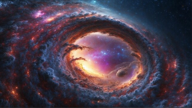 A portal made of swirling galaxies, opening up to a world full of fantastical creatures and landscapes