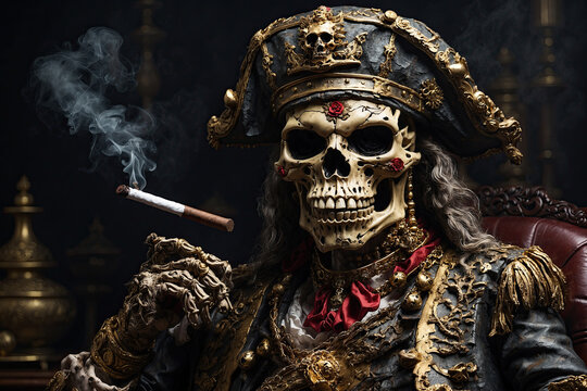 A skeleton in a pirate costume smokes a cigar. Pirate skeleton, dark fantasy art.