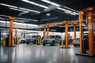 Hall of a service station for vehicles prepared for inspection and repair. Car service auto repair shop.