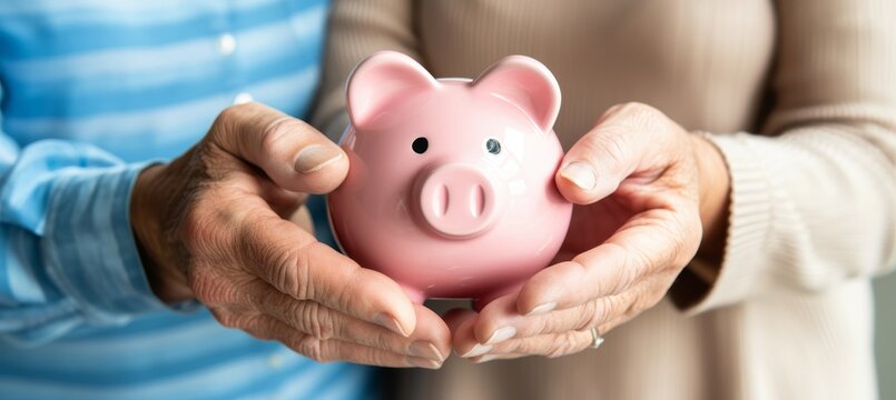 Senior couple s hands holding pink piggy bank  shared commitment to retirement savings