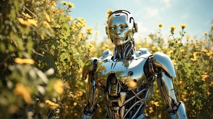 A robot with overgrown vines and flowers blooming all over its body, standing peacefully in a sunlit meadow.