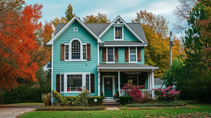 A seafoam green house with siding, in a suburban enclave. Has conventional windows and shutters, on a spacious plot, during a bright midday - obrazy, fototapety, plakaty