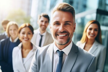 Fototapeta premium Diverse team posing in front of office building company advertising ad marketing hr employees teamwork job done success women men businessmen managers smiling friends group happy confident coworkers