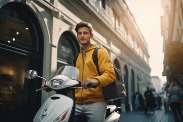 Stylish young man with scooter in urban setting, ready for city commute