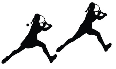 Two black silhouettes o women's tennis player in shirt and dress who strikes with a racket holding it with two hands