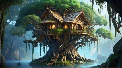 A living tree house built within the branches of a giant ancient tree, populated by friendly forest spirits