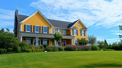 a side of angle view of A goldenrod yellow house with siding, in a suburban environment. Showcases time-honored windows and shutters, on an expansive property, under a summer noon sky - Powered by Adobe