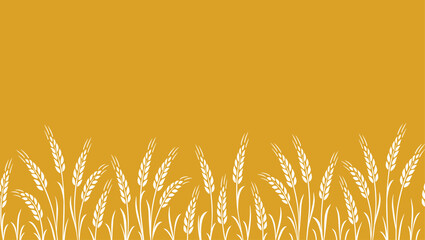 Seamless food pattern stripe with wheat, oat, barley, rye, wheat ears stalks silhouette on yellow background - 729163581