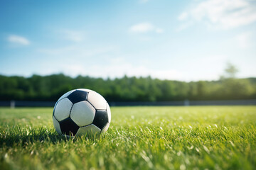 Fototapeta premium a soccer ball sitting on the grass on the field near the goal,