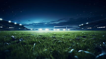 night soccer stadium with grass and sand, blurry silhouette and night lighting