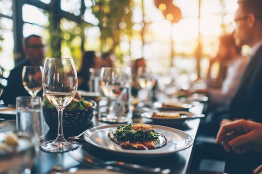 Diverse colleagues dinner meeting lunch in office restaurant businessmen group cafeteria cafe discussion business fine dining corporate teamwork expensive tasty dish food coworkers cheering talking