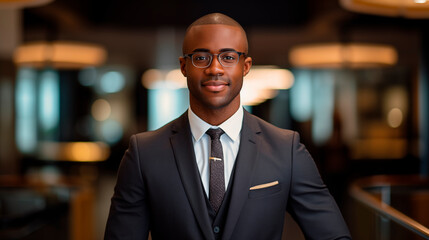 Fototapeta premium Company director, African American man in a business suit, office. Stylish young businessman, business style clothes. A man in a jacket and glasses on a blurred interior background