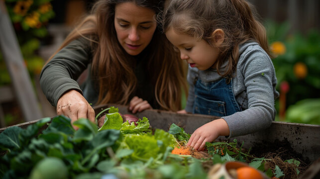Mother and daughter composting food waste in garden