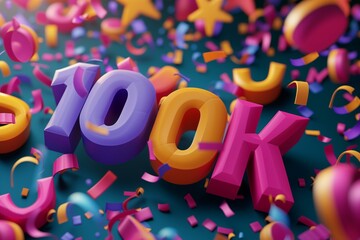100k subscribers milestone, social media concept, colorful 3d text on celebration background.
