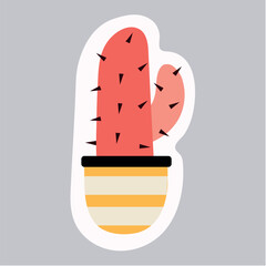 Sticker of colorful set. Demonstration of the desert charm with a cactus illustration and showcasing an adorable cartoon design against a pastel violet background. Vector illustration.