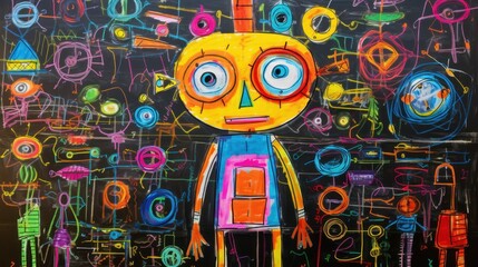 A child's drawing of artificial intelligence with colored pencils or felt-tip pens. concept robots, ai, future, present, technology - obrazy, fototapety, plakaty