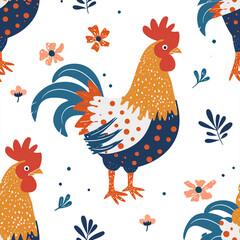 Rooster Seamless Pattern, farm animals illustration.