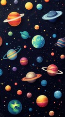 Fototapeta na wymiar vertical children's drawing of multi-colored planets of the solar system and a rocket against the background of a cosmic shadowy black sky. concept space, planets, children