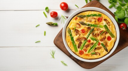 vegan breakfast of omelette and vegetables and space for text. breakfast concept, vegan, diet, protein, proper nutrition, nutritional science