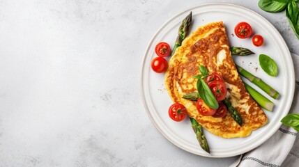 vegan breakfast of omelette and vegetables and space for text. breakfast concept, vegan, diet, protein, proper nutrition, nutritional science
