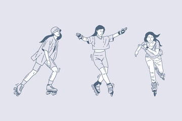 Set of outline illustrations of roller skating