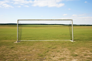 Fototapeta premium soccer goal empty for playing purpose, grass, green, yellow, red, sand, in the style of large canvas format
