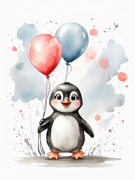 Watercolor illustration of a penguin holding balloons